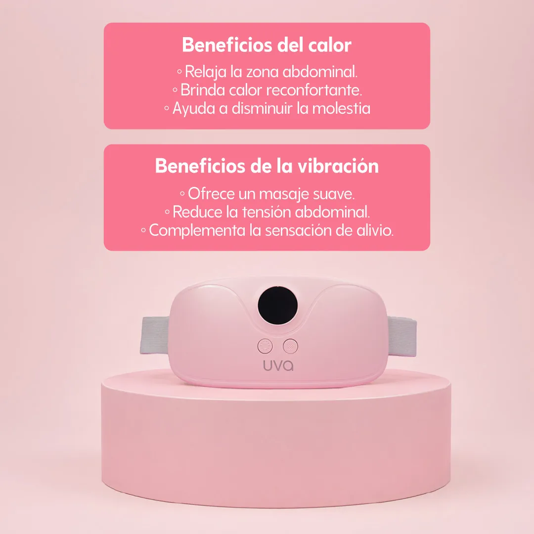 Beneficios del calor y de la vibración del Calentador para Cólicos UVA: relaja la zona abdominal, brinda calor reconfortante y ofrece un masaje suave