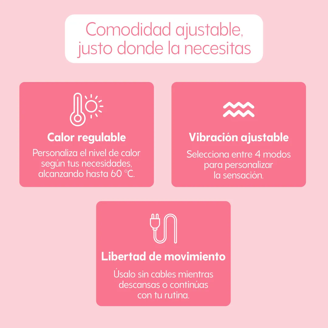 Comodidad ajustable, justo donde la necesitas: calor regulable hasta 60 °C, 4 modos de vibración y libertad de movimiento sin cables