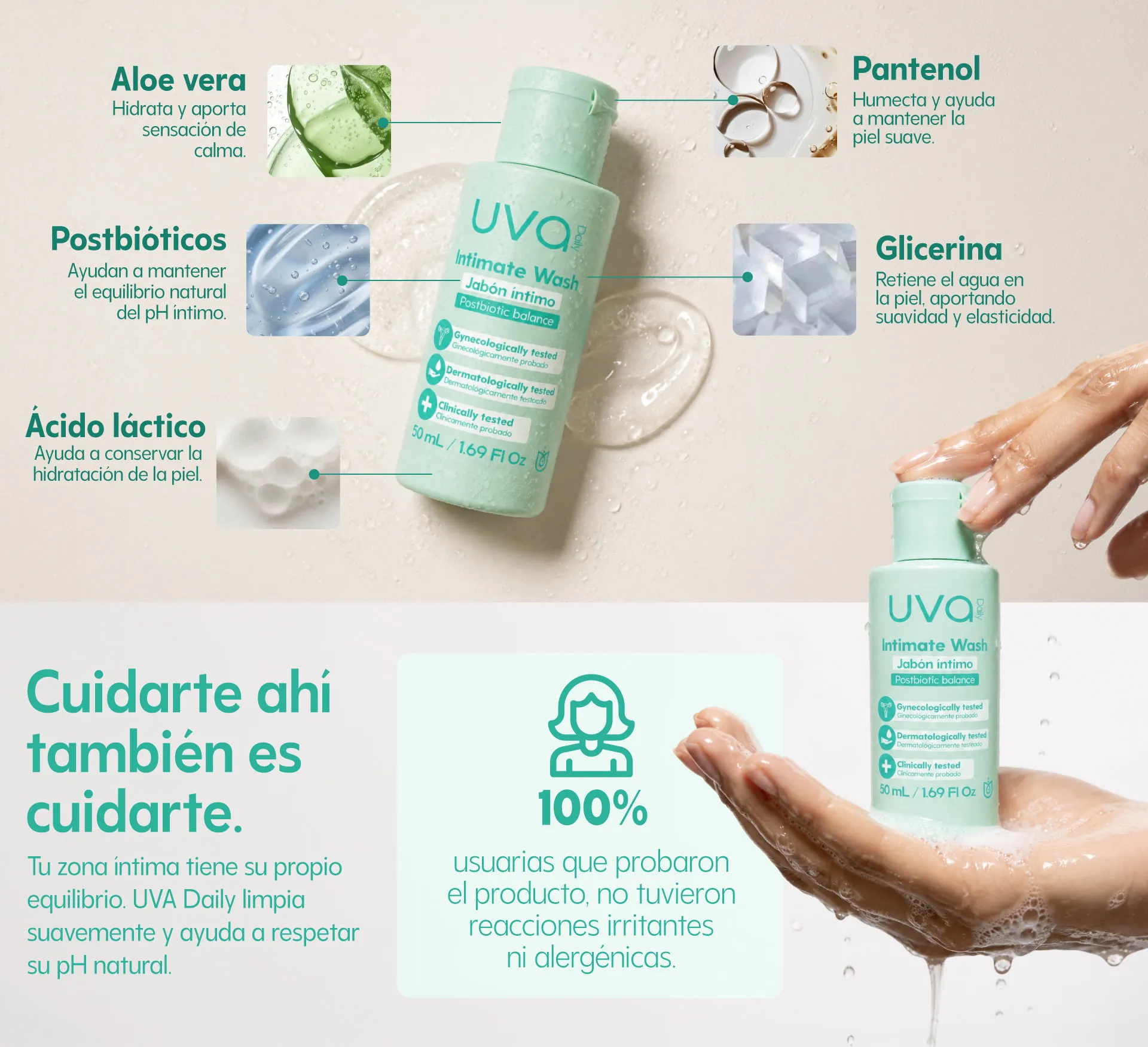 Ingredientes del Jabón Íntimo UVA: aloe vera, pantenol, postbióticos, glicerina y ácido láctico